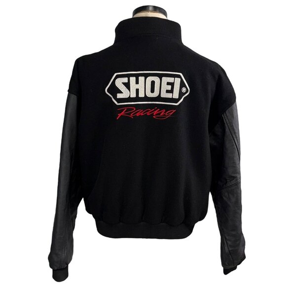 Vintage Shoei Racing 90's XL Black Wool & Leather Bomber Jacket - Picture 1 of 14